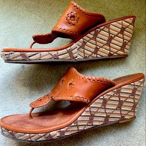 Jack Rogers wedge sandal in mocha; lightly used. Fun woven design on wedge.